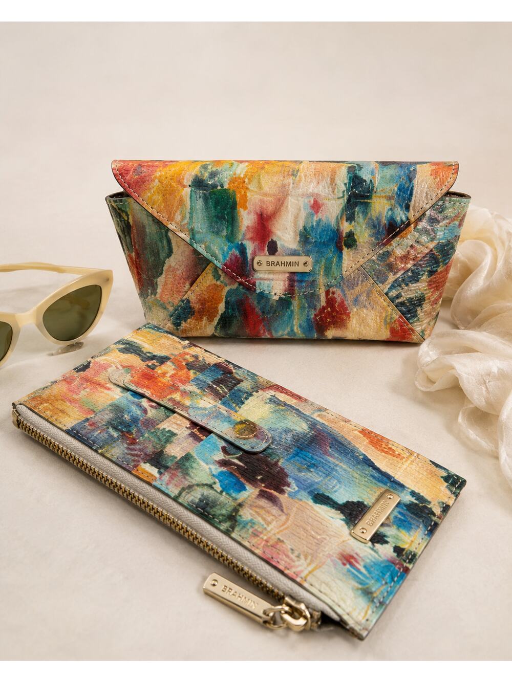 Brahmin Ady Wallet and Sunglass Case Set Superbloom Melbourne Floral Leather